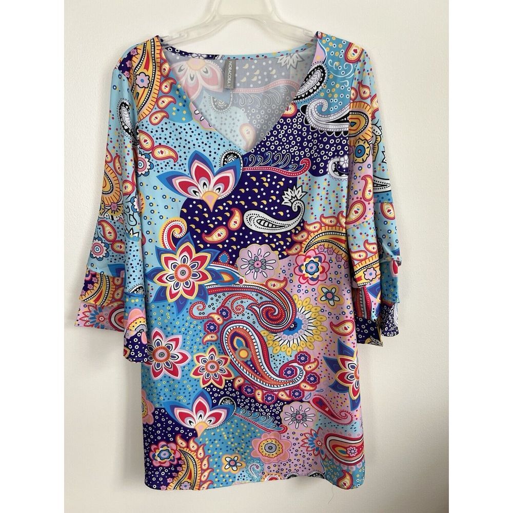 NORACORA Women Long Sleeve‎ Boho V-Neck Tunic Mini Dress Multicolor Size S Beach
